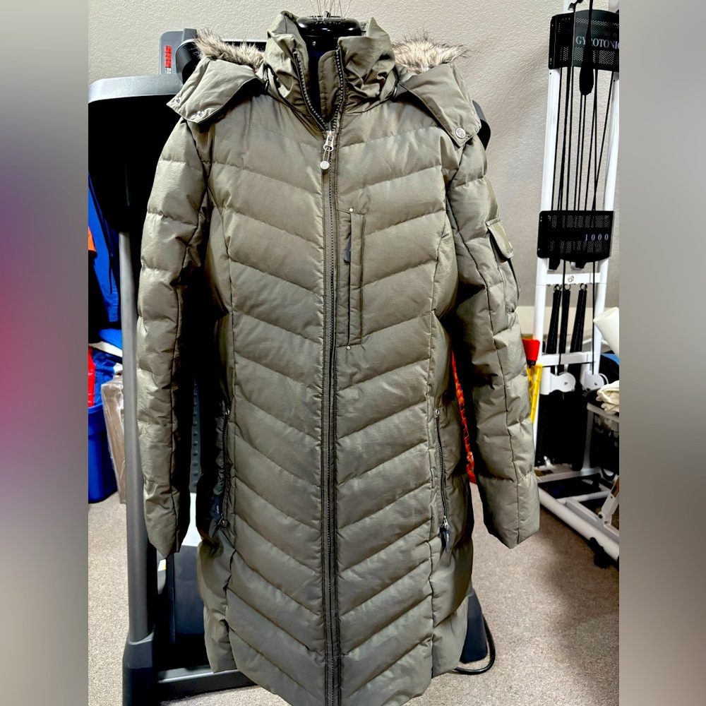 Eddie Bauer grey/green PXL Down Parka, detachable hood with faux fur.